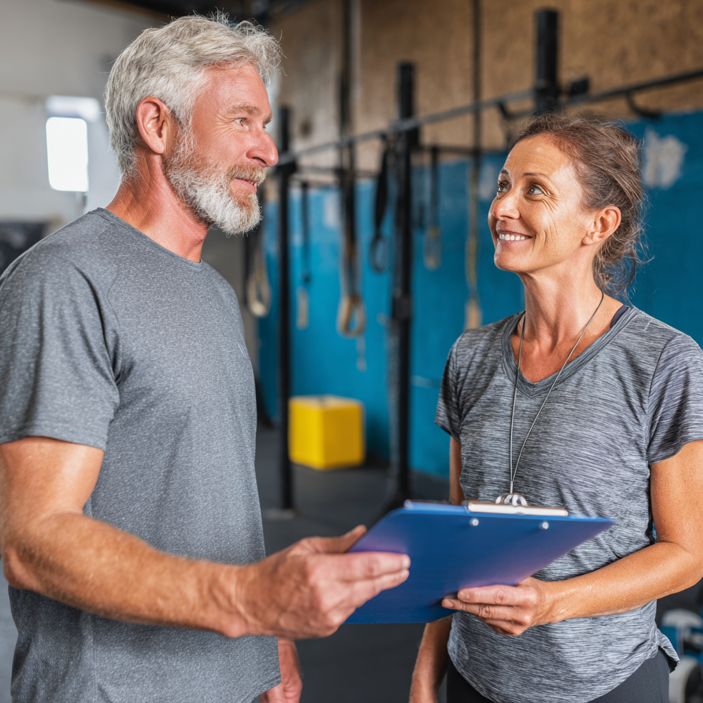 fitness consultation with middle-aged adults discussing personalized exercise approach
